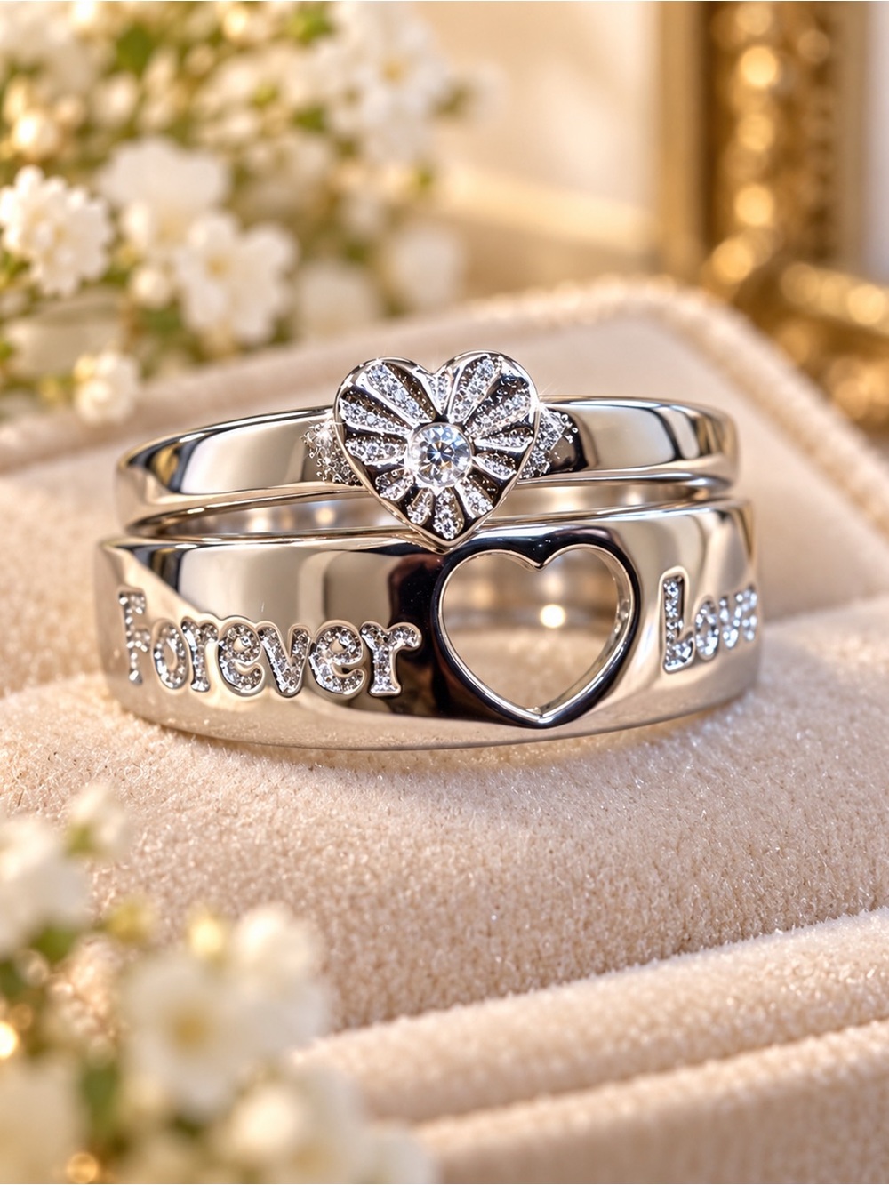 Stainless steel Silver Heart 'Forever Love' Stackable Ring Set adjustable